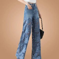 Cyflymder  Fashion Elegant Jeans for Women High Waist Lace Patchwork Pantalones Hollow Out Oversized Spring Casual Loose All Match Pants