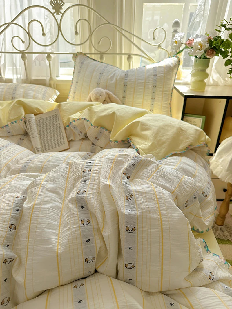 Cyflymder  100% Cotton Yarn-dyed Jacquard Floral Bedding Set Single Queen King Size Duvet Cover Bed Sheet/Fitted Sheet Pillowcases 3/4Pcs