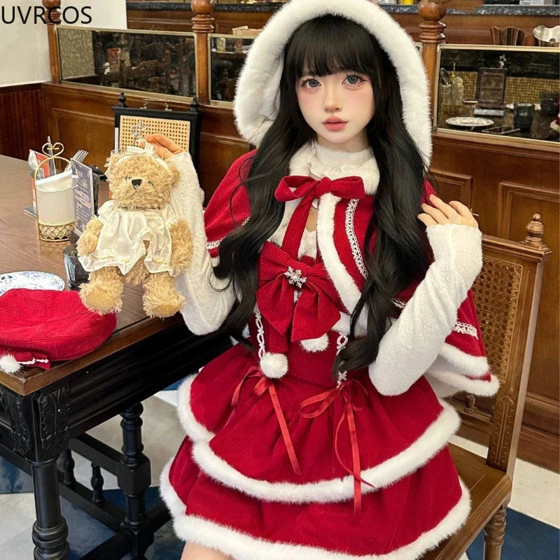 Cyflymder NEW YEAR DRESS TO IMPRESS Japanese Kawaii Lolita Dress Sets Women Hooded Shawl Short Jackets Bow Mini Skirt Korean Style Sweet Red Christmas New Year Suit