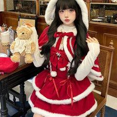 Cyflymder Japanese Kawaii Lolita Dress Sets Women Hooded Shawl Short Jackets Bow Mini Skirt Korean Style Sweet Red Christmas New Year Suit