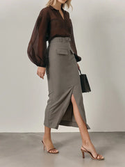 Cyflymder  Commuting Maxi Skirt Women Belt High Waist Slim Solid Patchwork Pocket Split Straight-Leg Outfit Female 2026 Maxi Skirts