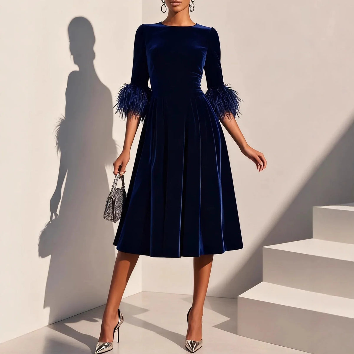 Cyflymder  Spring Autumn 3/4 Sleeve Elegant Velvet Midi Dress Women's Clothing Casual Party Work Evening Sheath Office Lady Dresses