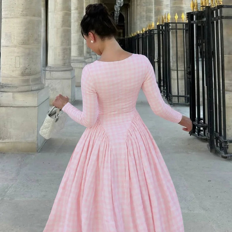 Cyflymder  Plaid Long Sleeve Pleated Maxi Dress For Women Autumn Fashion Square Collar High Waist A-line Club Party Long Dress New