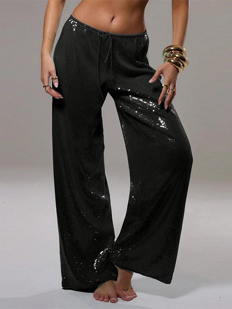 Cyflymder  Loose Solid Color Sequin Pants Woman Cinched Waist Glitter Straight Baggy Long Pants Casual Street Chic Sparkle Women's Trousers