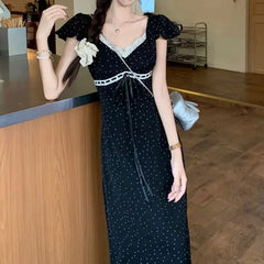 Cyflymder  Women Black White Polka Dots Dresses Puff Short Sleeve V Neck Lace Trim Summer Bow Drawstring Slim Romantic Vacation Long Dress