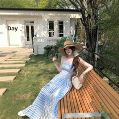 Cyflymder  Korean Style Blue Plaid Lace Halter Dress Women Summer 2025 Sweet Beach Vacation Maxi Skirt Long Dress One Shoulder Sleeveless