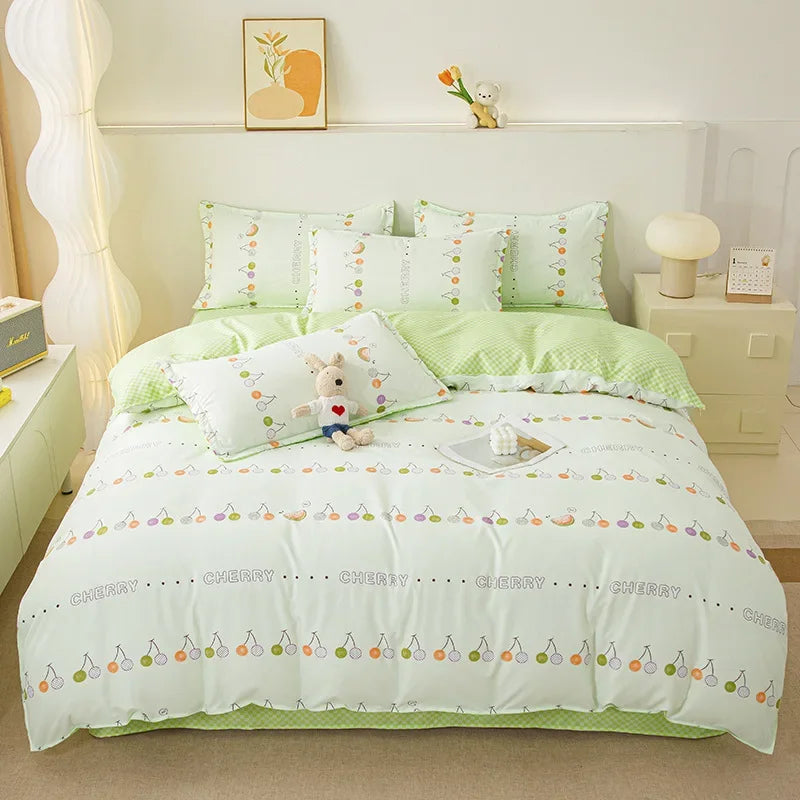 Cyflymder  Ins Style Plant Printed Skin Friendly Cotton Bed Sets 4Pcs Soft Cozy Duvet Cover Set for All Seasons King Queen Textile Supplies