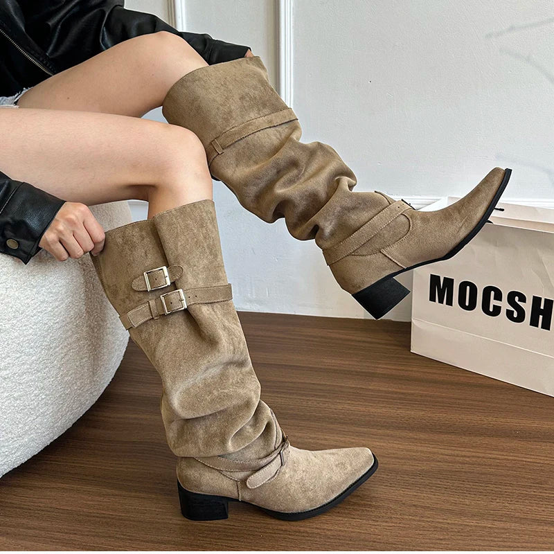 Cyflymder  Autumn Winter Pleated Women Knee High Boots Vintage Square Low Heels Shoes Female Belt Buckle Long Booties