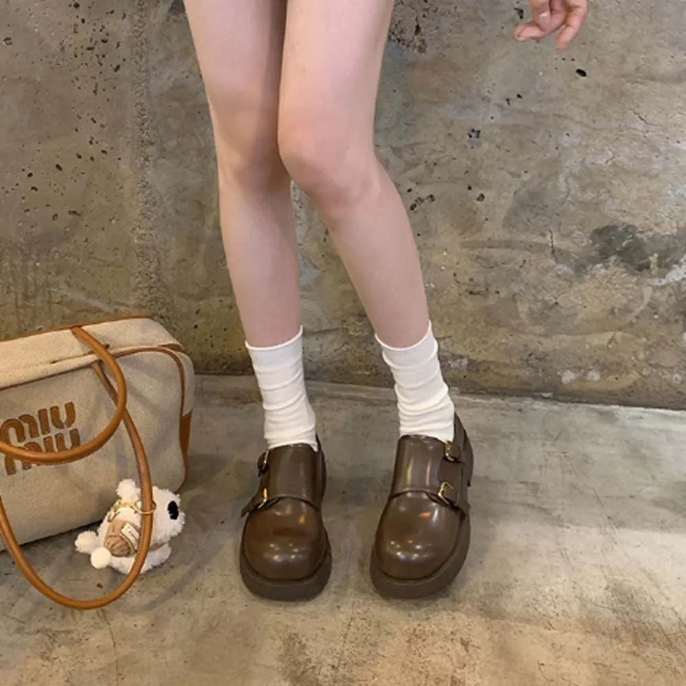 Cyflymder   Women's Leather Flat Shoes Retro Double Button Loafers Women's Genuine Leather Round Toe Big Toe Women's Shoes