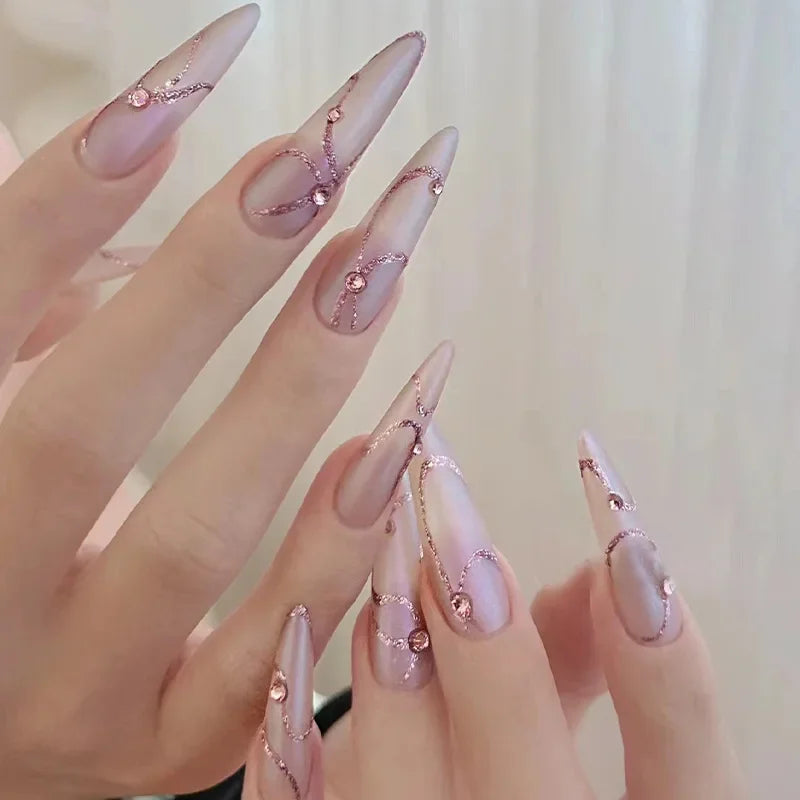 Cyflymder  30Pcs Almond Press on Fake Nails Long French False Nails With Pink Wearable Flower Design Oval Manicure Full Cover Nail Tips