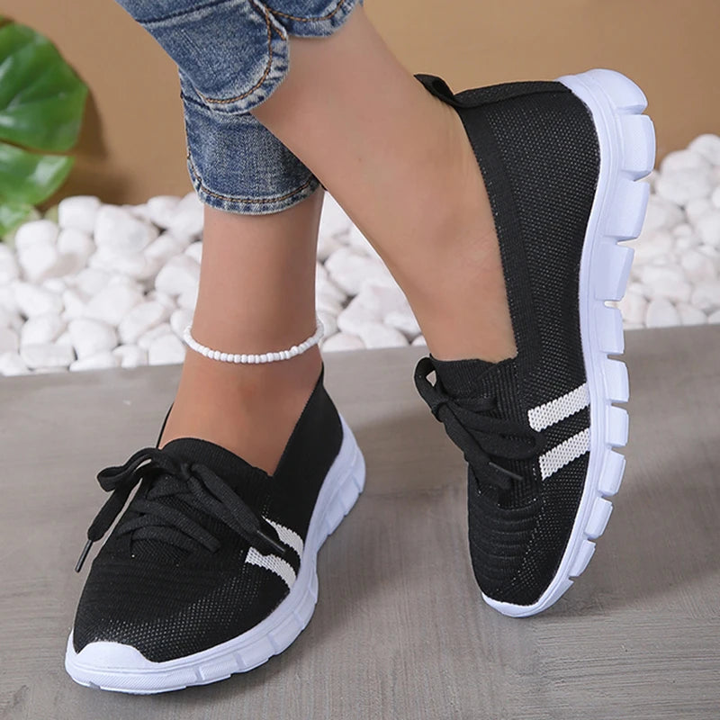 Cyflymder Mesh Knitted Striped Flats Shoes for Women Summer Lace Up Casual Sneakers Woman Breathable Soft Sole Loafers Plus Size 43