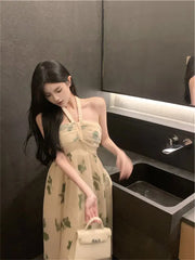 Cyflymder  Temperament Floral Neck Strapless Tulle Skirt Gentle Style Slim A-line Long Skirt