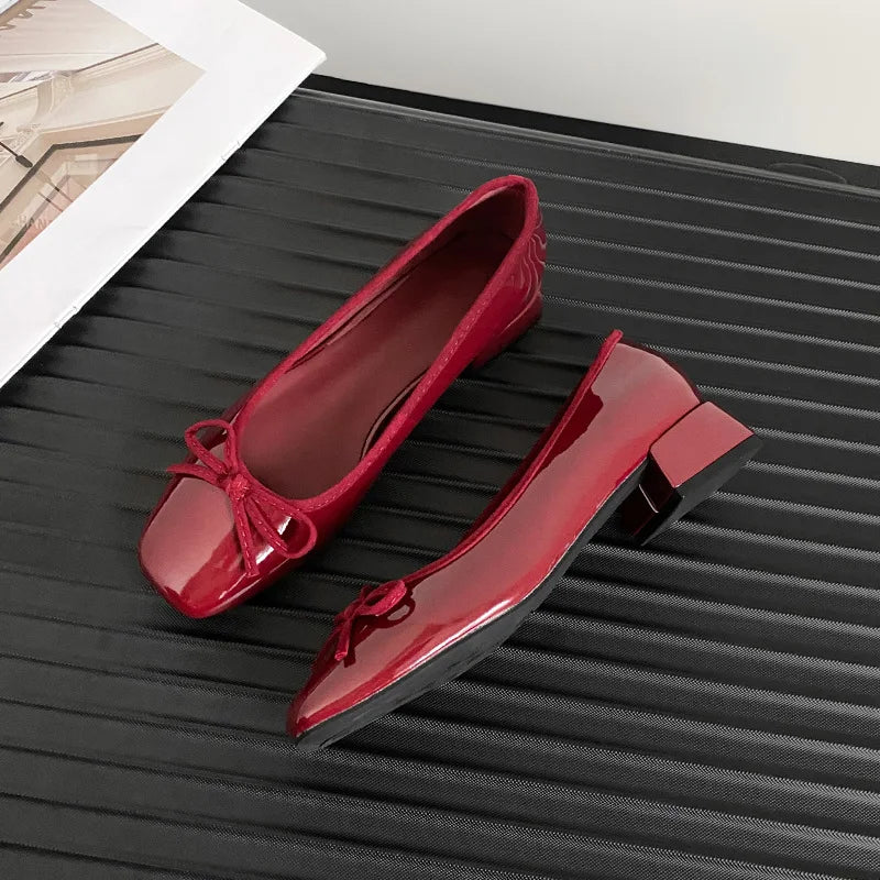 Cyflymder  New Spring/Summer Fashion Bow Thick-heeled French Marie Jean Square Toe Shallow Leather Casual Single Shoe for Women，34-40