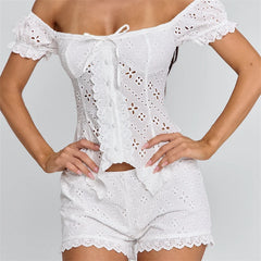 Cyflymder   Women's Summer Shorts Y2K Outfit Off Shoulder Eyelet Floral Corset Top and Scalloped Hem Shorts 2Pcs Set Summer Vacation