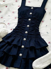 Cyflymder   Navy Blue Sweet Ruffle Mini Dress Women New Vintage Sleeveless Slim Fit A-Line Summer Dresses Pure Desire Y2k Party Outfits