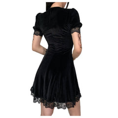 Cyflymder  Black Velvet Dress For Women Punk Style Halloween Short Sleeve Lace Gothic Dress Bodycon Pleated Low Cut Sexy Mini Dress