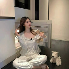 Cyflymder  New Fashion Casual Loose Cardigan Long-sleeved Home Wear Can Be Worn Outside Polka Dot Pajama Women Three-piece Set Autumn