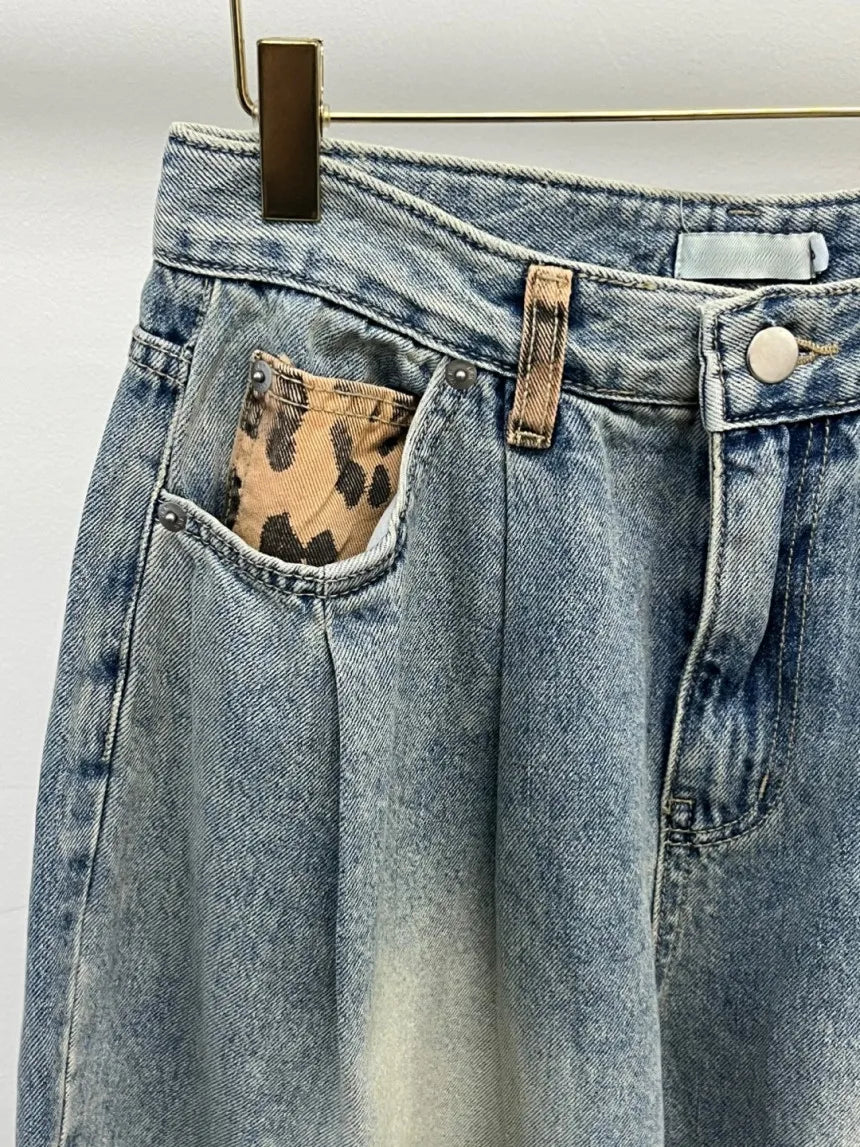 Cyflymder  Retro Splicing High Waist plus Size Slimming Leopard Print Design Casual Sle Women's Jeans Autumn New Arrival