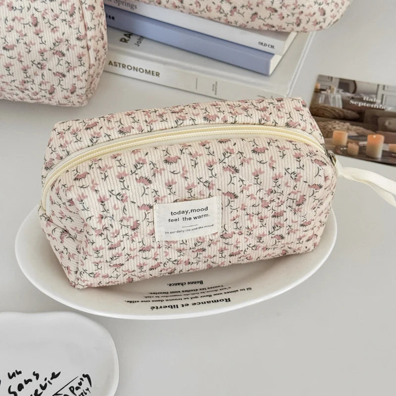 Cyflymder  Retro Aesthetic Floral Pencil Case for Kids Girl Corduroy Flower Series Stationery Organizer Large Capacity Pen Bag Student