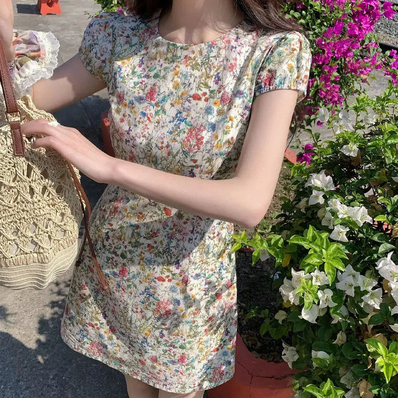 Cyflymder  Monet Broken Flowers Waist Aura Dresses Summer Vintage Printed Female Clothing Round Neck Elegant A-Line Short Sleeve Long Dress