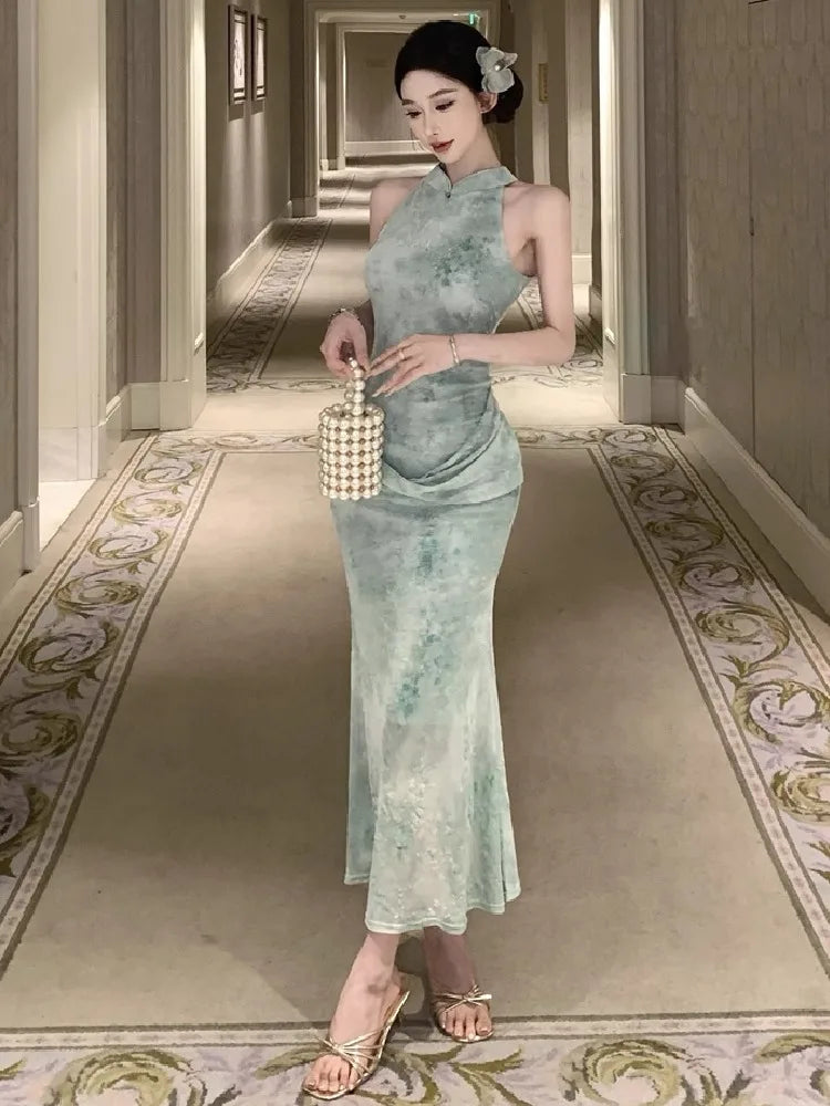 Cyflymder  Sexy Dresses Women Temperament Elegant Floral Printed Stand Collar Slim Stretch Summer Fashion Elegant Dress Female Party