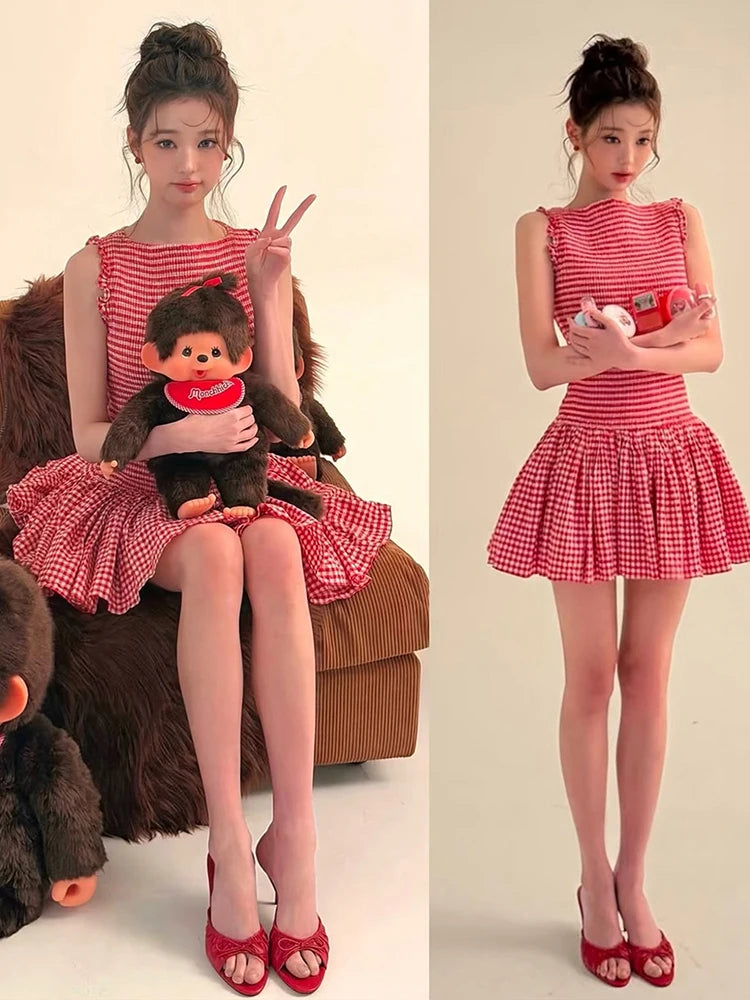 Cyflymder   Trend Street Dress Women Plaid Print o-Neck Sleeveless Folds Puffy Hem Skinny Sweet Style Party Elegant Chic Bodycon