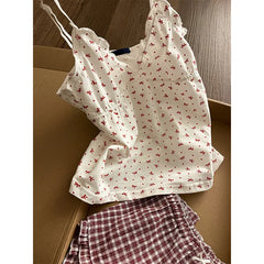 Cyflymder  Ballet Floral Small Suspenders Pajamas Women's Summer New Plaid Shorts Loungewear Suit