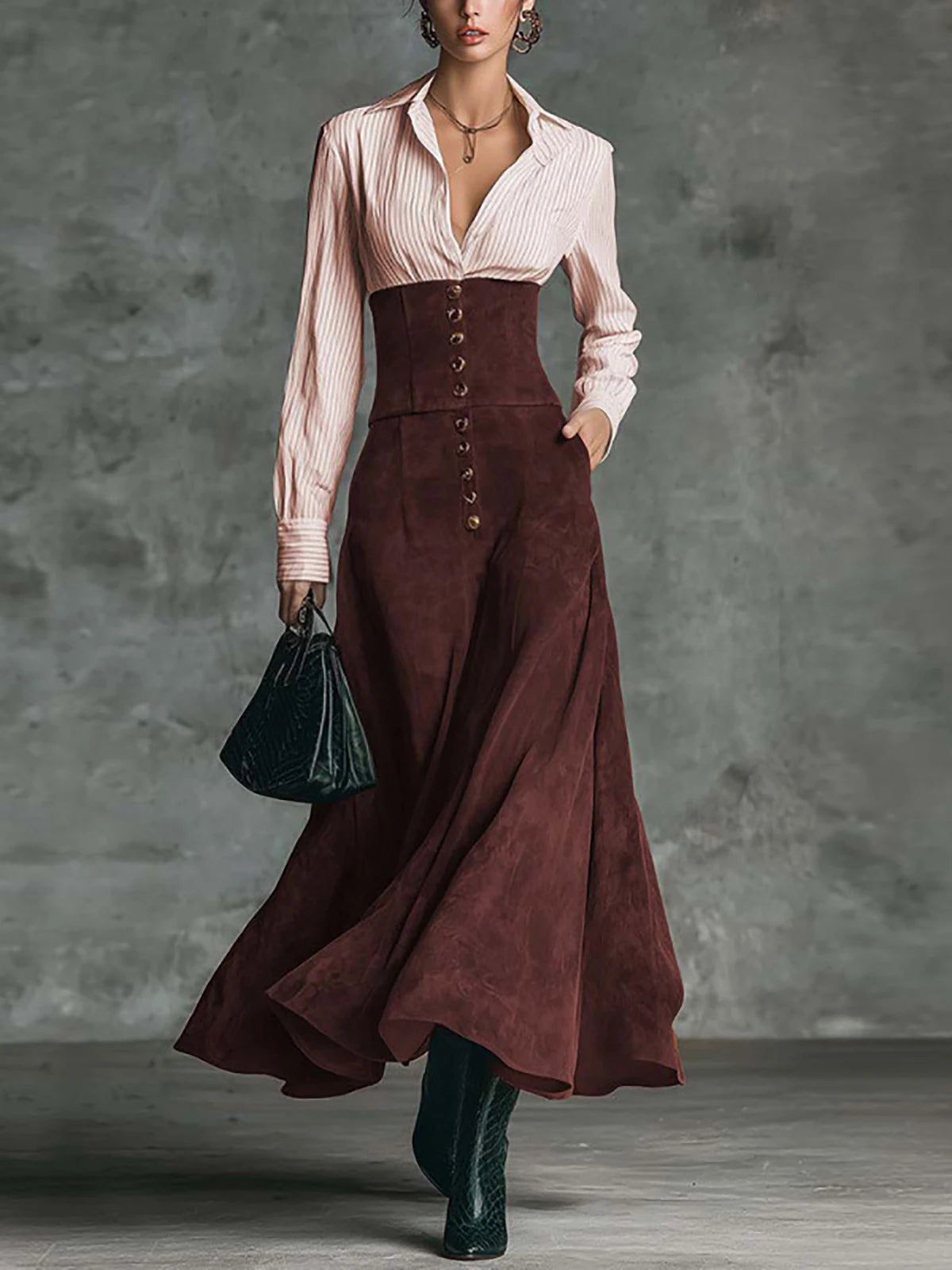 Cyflymder  Women Elegant Light Pink Vertical Stripe Shirt Dress Chic High Waist Button Vintage Spring Maxi Dress Female Office Lady Dresses