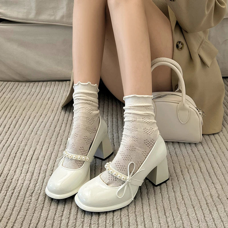 Cyflymder  Shoes Woman Flats Oxfords Shallow Mouth Pearl Decorateion Dress Leather Summer Beading On Heels New Mary Janes High Pumps