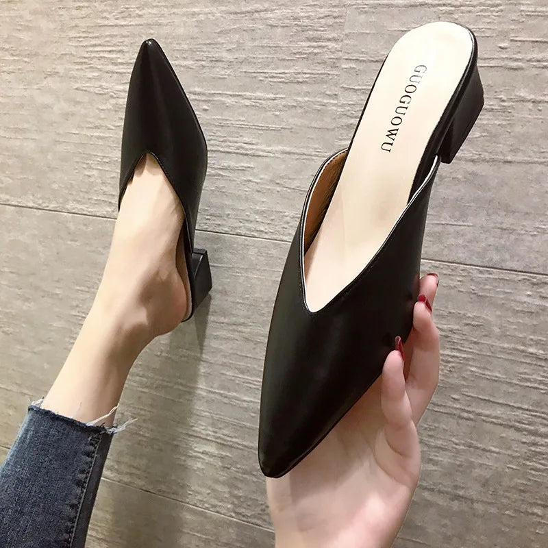 Cyflymder Women's High Heels Comfortable Soft Leather Shoes Office Low Heel Pointed Toe Mules Shoes Mary Jane Shoes Wedges Shoes for Women