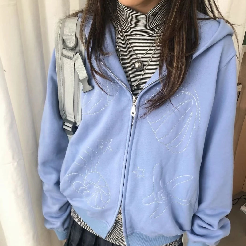 Cyflymder  Y2k Aesthetic Grunge Solid Hooded Hoodies Harajuku Vintage Double Zipper Hoody Jacket Autumn Embroidery Casual Sweatshirt