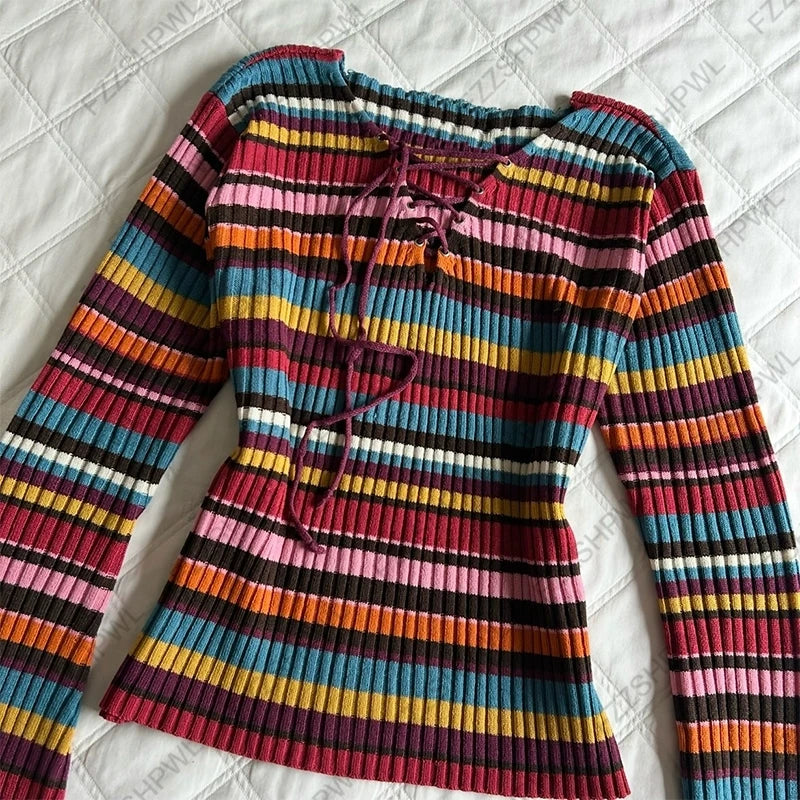 Cyflymder  Harajuku Womens Sweater Y2K Street Style Color Stripes Fashion Retro Aesthetic Grunge Emotional Girls V-Neck Sexy Casual Sweater