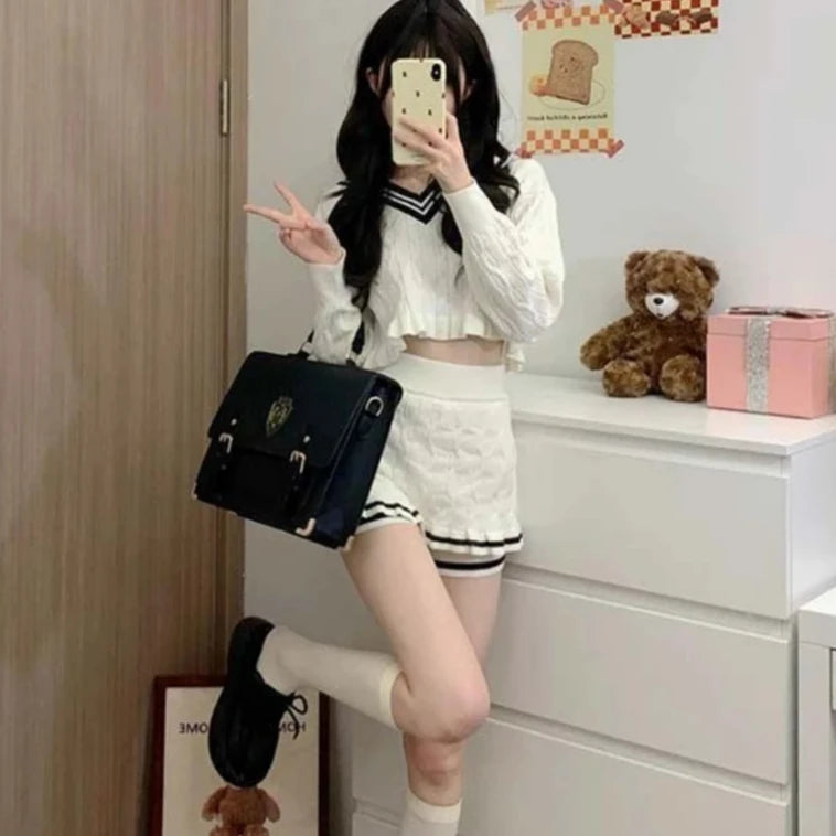 Cyflymder Korean Fashion Y2k Two Piece Skirt Set Women Sweet Stripe Knitted Sweater Crop Tops Slim Bodycon Mini Skirts Kawaii Lolita Suits