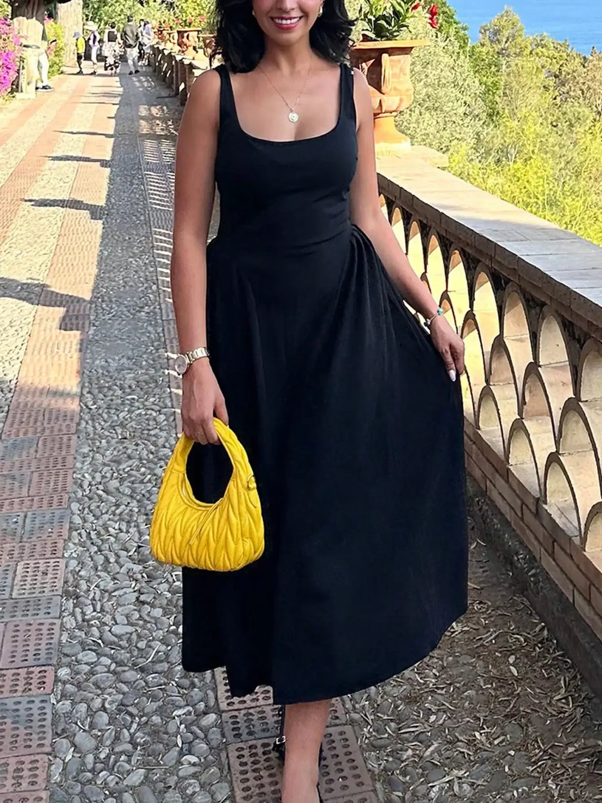 Cyflymder  Women's Midi Dress Y2K Style Black Strapless Square Neck Long Sleeve Loose Casual Best for Spring and Summer