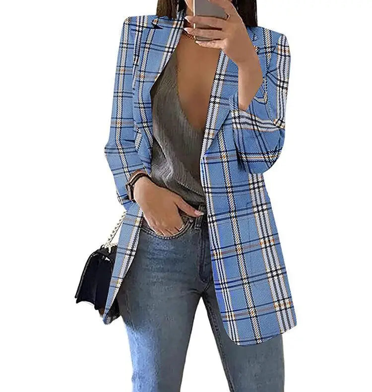 Cyflymder  Women's Faion Plaid Casual Suit Lapel Cardigan Jaet Slim Fit Long Sve Autumn Collection Ele Office Wear