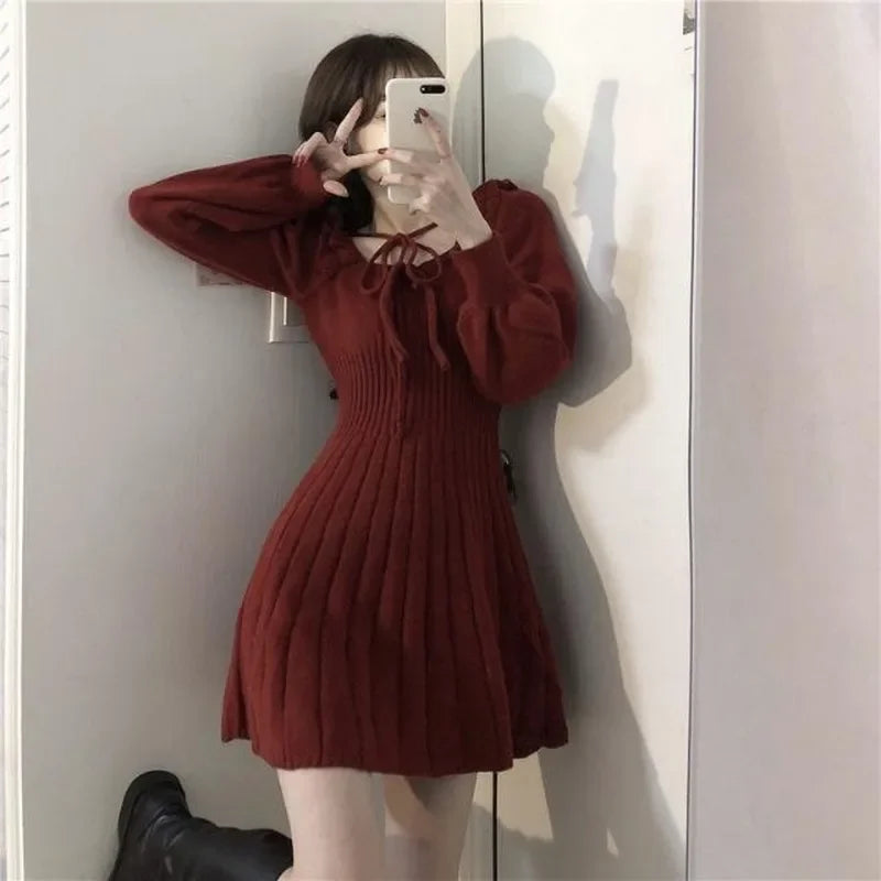 Cyflymder Sweet Knitted Dress Women Autumn Winter Elegant Dress Female Red French Style Party Dress Clothes Lady