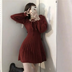 Cyflymder Sweet Knitted Dress Women Autumn Winter Elegant Dress Female Red French Style Party Dress Clothes Lady