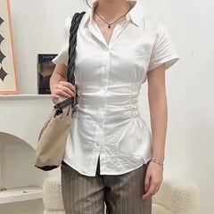 Cyflymder  Women Lapel Short Sleeve Shirt Summer Ruched Waist Slim Fit Button Down Blouse Irregular Hem Office Lady Casual Top