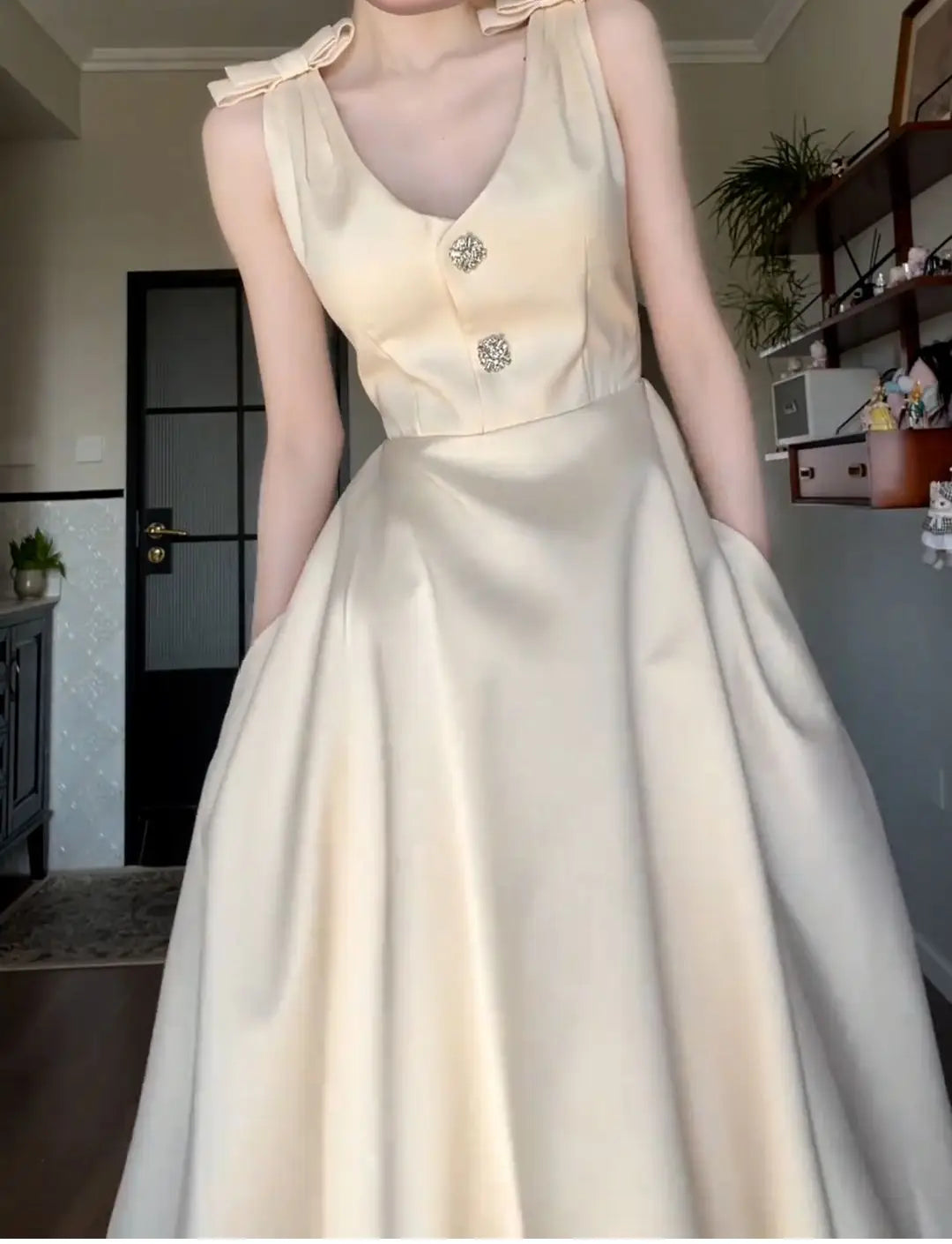 Cyflymder  Summer Champagne Bow A Line Dress Women Elegant Slim Waist Party Dress