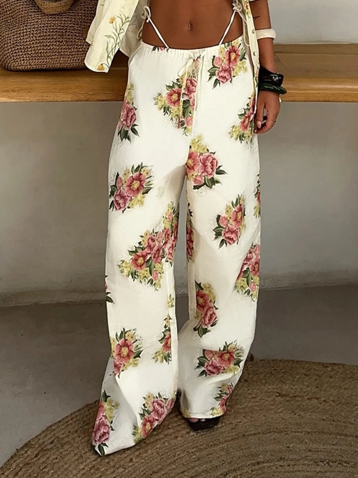 Cyflymder  Casual Floral Printed Wide Leg Pants Loose Mid-Waisted Straight Pants Women Autumn Spring Fashion Streetwear Lady