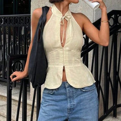 Cyflymder  Summer new retro lace-up neck off-the-shoulder slim-fit vest femininity casual