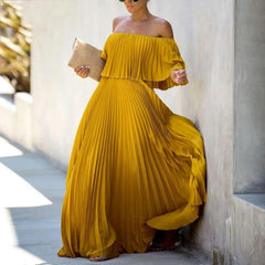 Cyflymder  Blue Folded One-oulder Elastic Waist Beach Coast Dr Women's Mid-Length Skirt Polyester Fiber Summer Season ort Sve