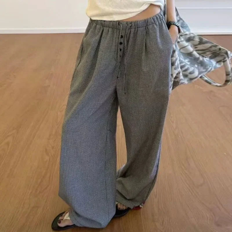 Cyflymder  Korean Vintage Button Drawstring Casual Pants Women's Clothing Fashion Plaid Summer New Elastic Basic Straight Loose Trousers