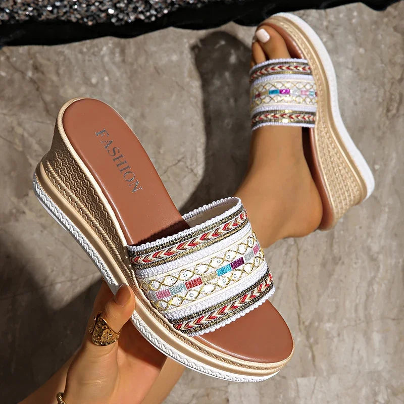 Cyflymder  Bohemian Striped Braided Wedge Sandals Women Summer Thick Sole Outdoor Beach Slides Woman Plus Size Fashion Platform Slippers