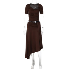 Cyflymder   Knit Cropped Top Maxi Skirt Two Piece Set Short Sleeve V Neck Ruched Drawstring Stretchy Daily Solid Color Brown Set