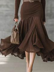 Women's Elegant Brown Ribbed Knit Dress Surplice V Neck Long Sleeve Belted Ruffle Hem Midi Dress Formal Party Evening Dress