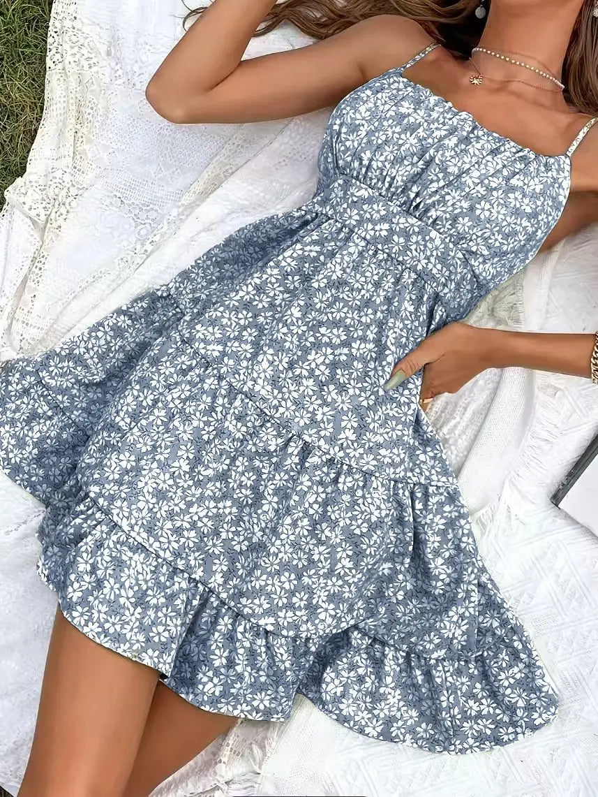 Cyflymder  French Floral Dress for Women's Summer Elegant Ruffle Hem A-line Strap Dress Fashion Female Clothes