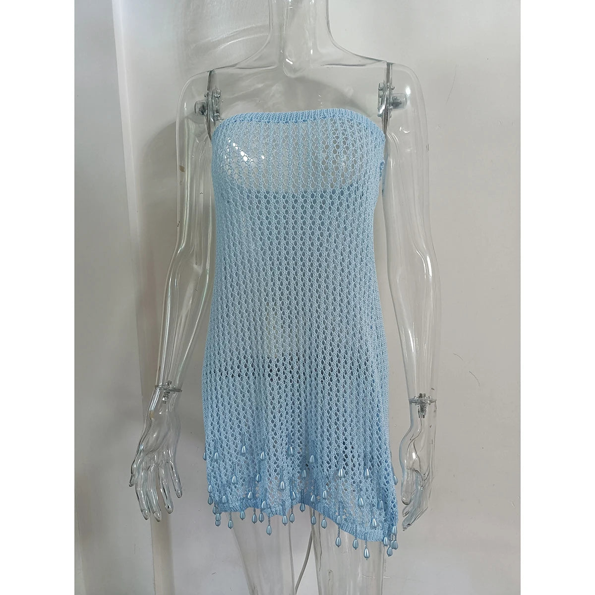 Cyflymder  y2k Women Crochet Knit Dress with Tassels Hollow Out Off Shoulder Strapless Mini Bodycon Dress Beach Party Dresses