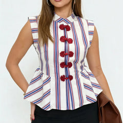 Cyflymder  Striped Mandarin Collar Frog Button Ruffle Trim Top Striped Single‑breasted Summer Women Blouse Versatile Casual Lady Office Top