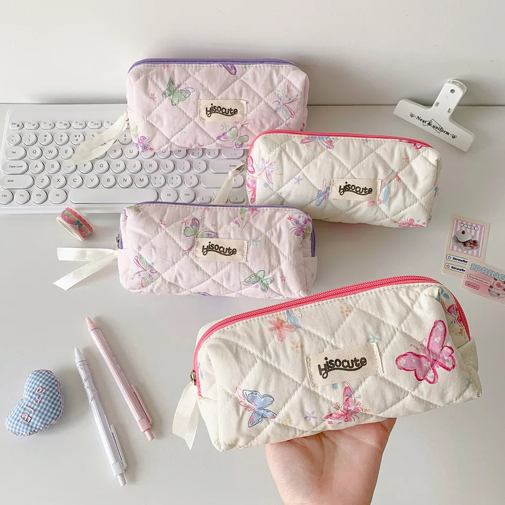 Cyflymder  1 Piece Korean Fashion Aesthetic Butterfly Pencil Case Print Floral Pink Purple Color Stationery Storage School Student Pen Bag